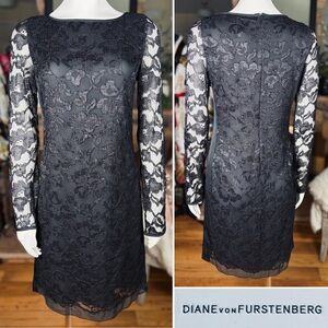 Diane Von Furstenberg Black Lace Long Sleeve “Zarita” Sheath Dress, Sz 8